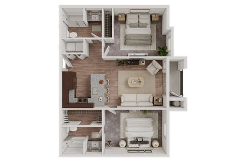 A top-down view of a two-story apartment layout with a living room, kitchen, dining area, and bedrooms.
